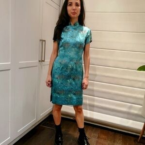 𝅺90S Y2K Chinoiserie Suzy Wong Cheongsam Lt Blue fitted short dress
